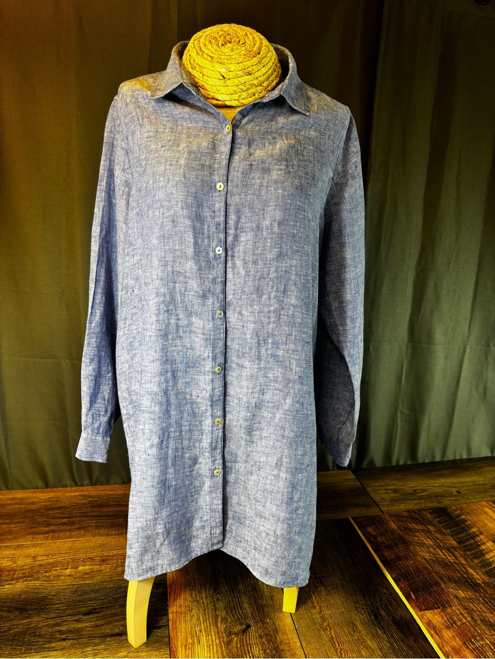 Sigrid Olsen Women’s 100% Linen Blue Roll-upLong-Sleeve Button-Up Tunic Top Sz M